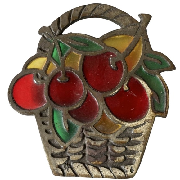 Vtg Cast Iron Trivet Stained Glass Style Cherry Basket Cottagecore Farmhouse - Picture 3 of 4